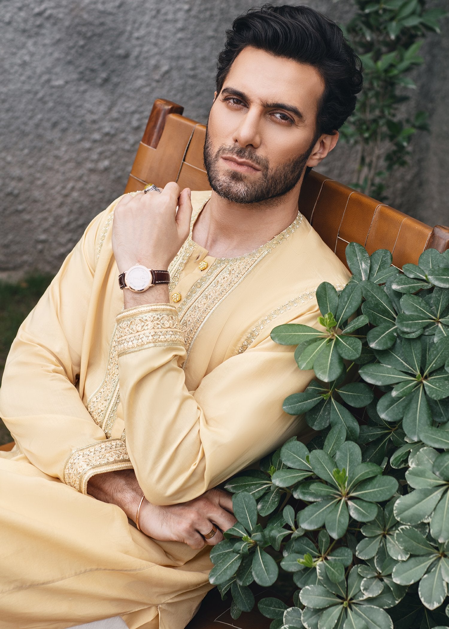 Pale Yellow Embroidered Cotton Kurta (2-Piece) - Image 3
