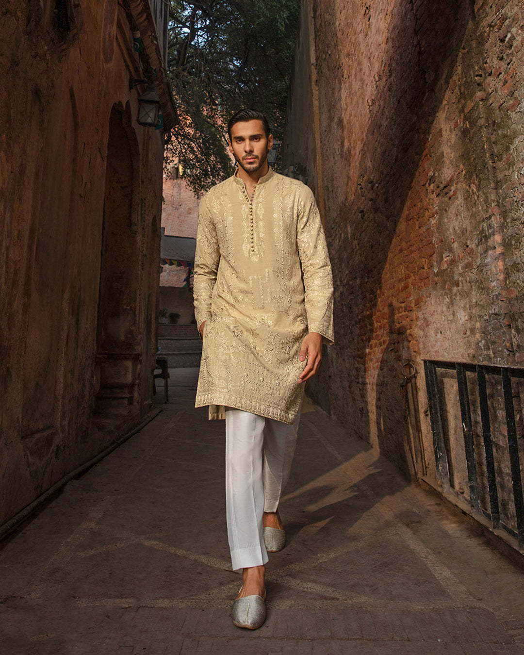 Pastel Yellow Embroidered Karandi Kurta (2-Piece) - Image 1