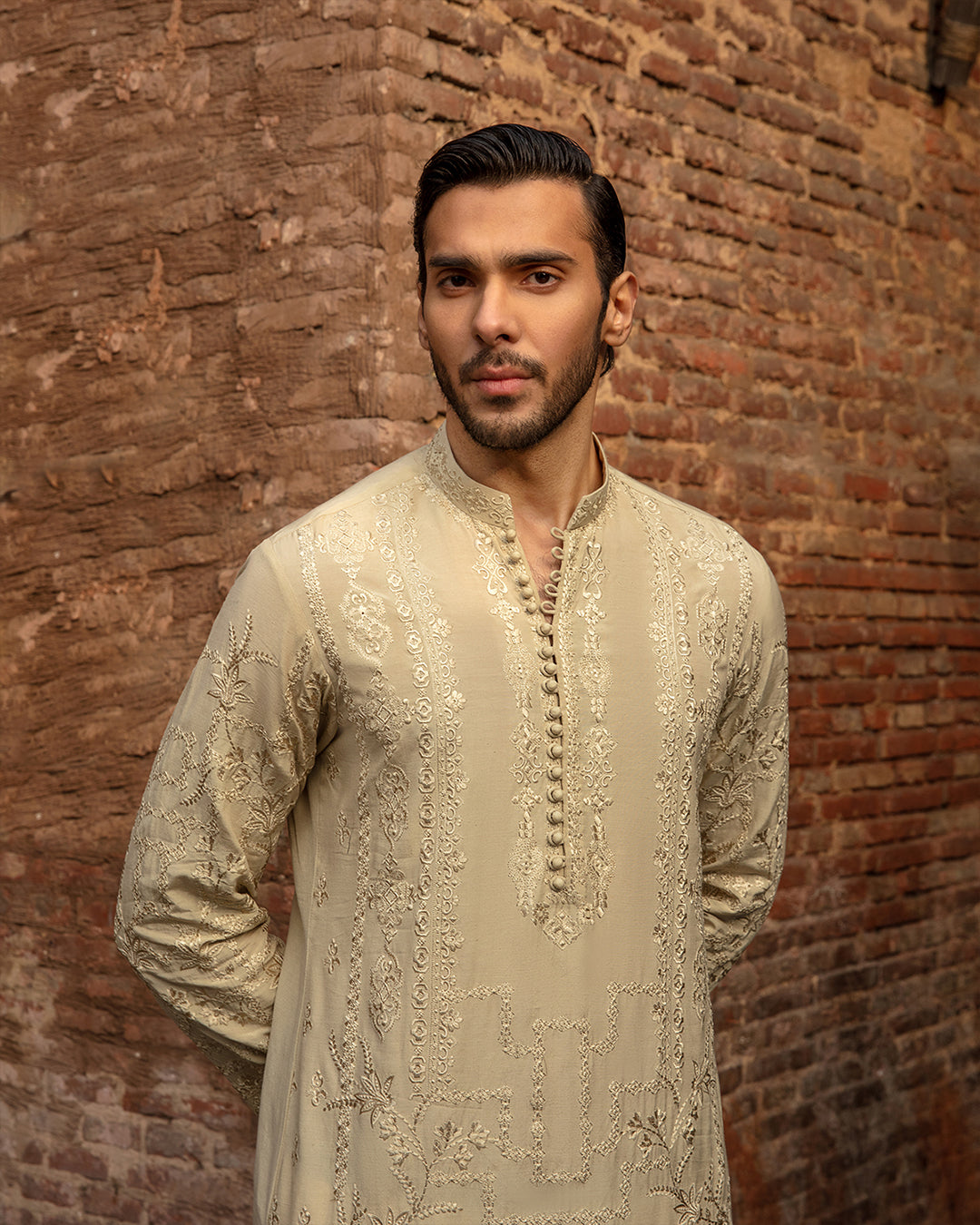 Pastel Yellow Embroidered Karandi Kurta (2-Piece) - Image 2
