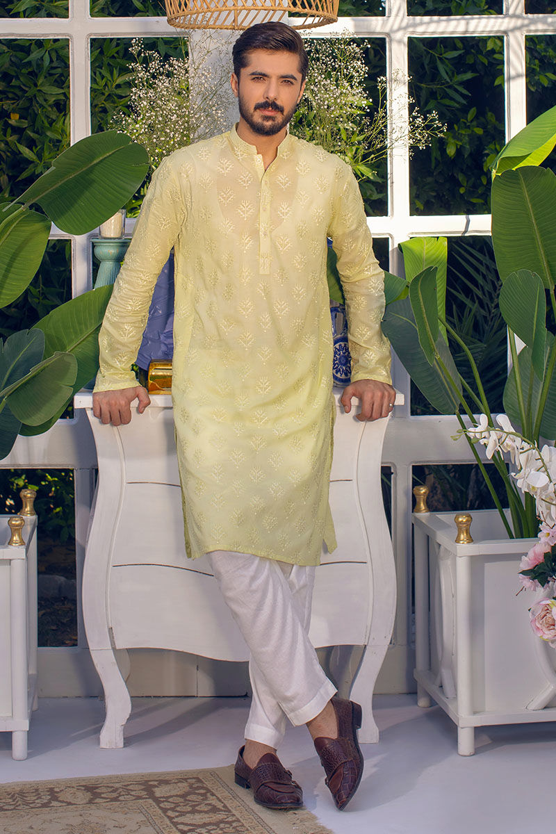 Lemon Yellow Chikankari Embroidered Lawn Kurta (2-Piece) - Image 1