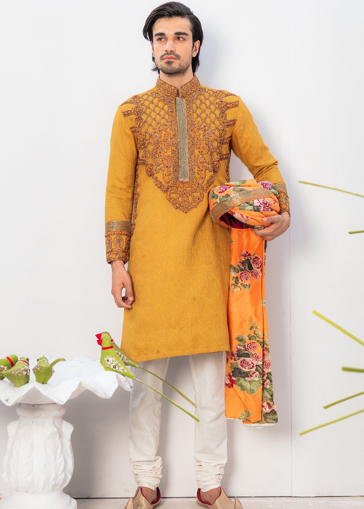 Mustard Embroidered Linen Kurta (2-Piece) - Image 1