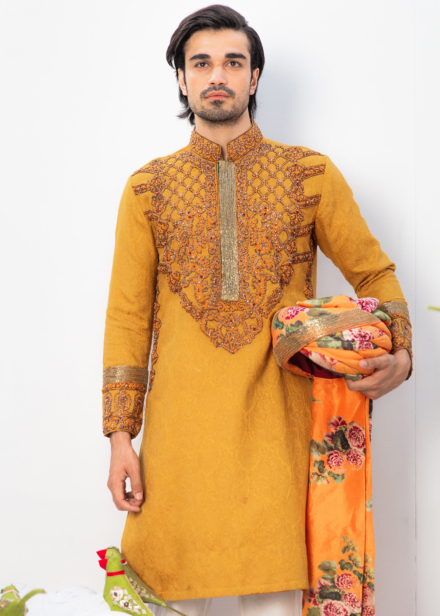 Mustard Embroidered Linen Kurta (2-Piece) - Image 2