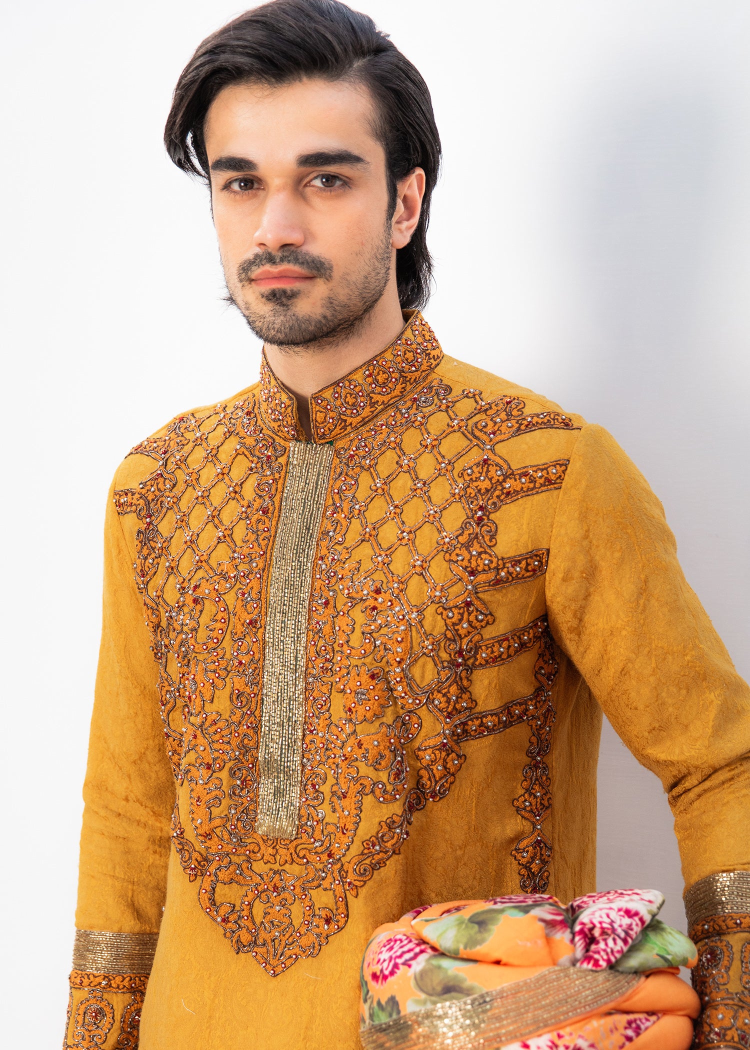 Mustard Embroidered Linen Kurta (2-Piece) - Image 3