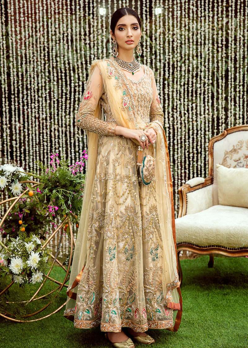 Pale Yellow Embroidered Net Banarsi Pishwas (3-Piece) - Image 1