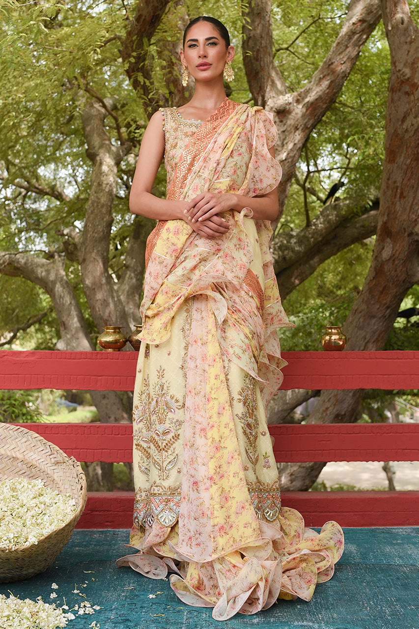 Pakistani Lemon Embroidered Cotton Net Pishwas Dress (2-Piece) - Image 1