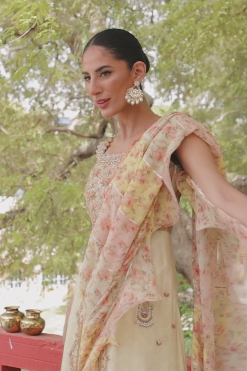 Pakistani Lemon Embroidered Cotton Net Pishwas Dress (2-Piece) - Image 6