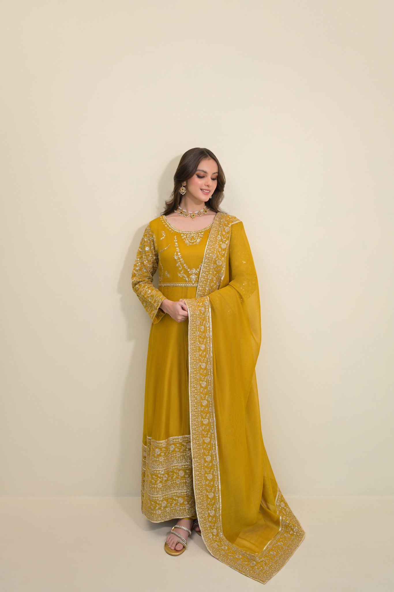 Pakistani Mustard Zari Sequin Cotton Net Pishwas (3-Piece) - Image 1