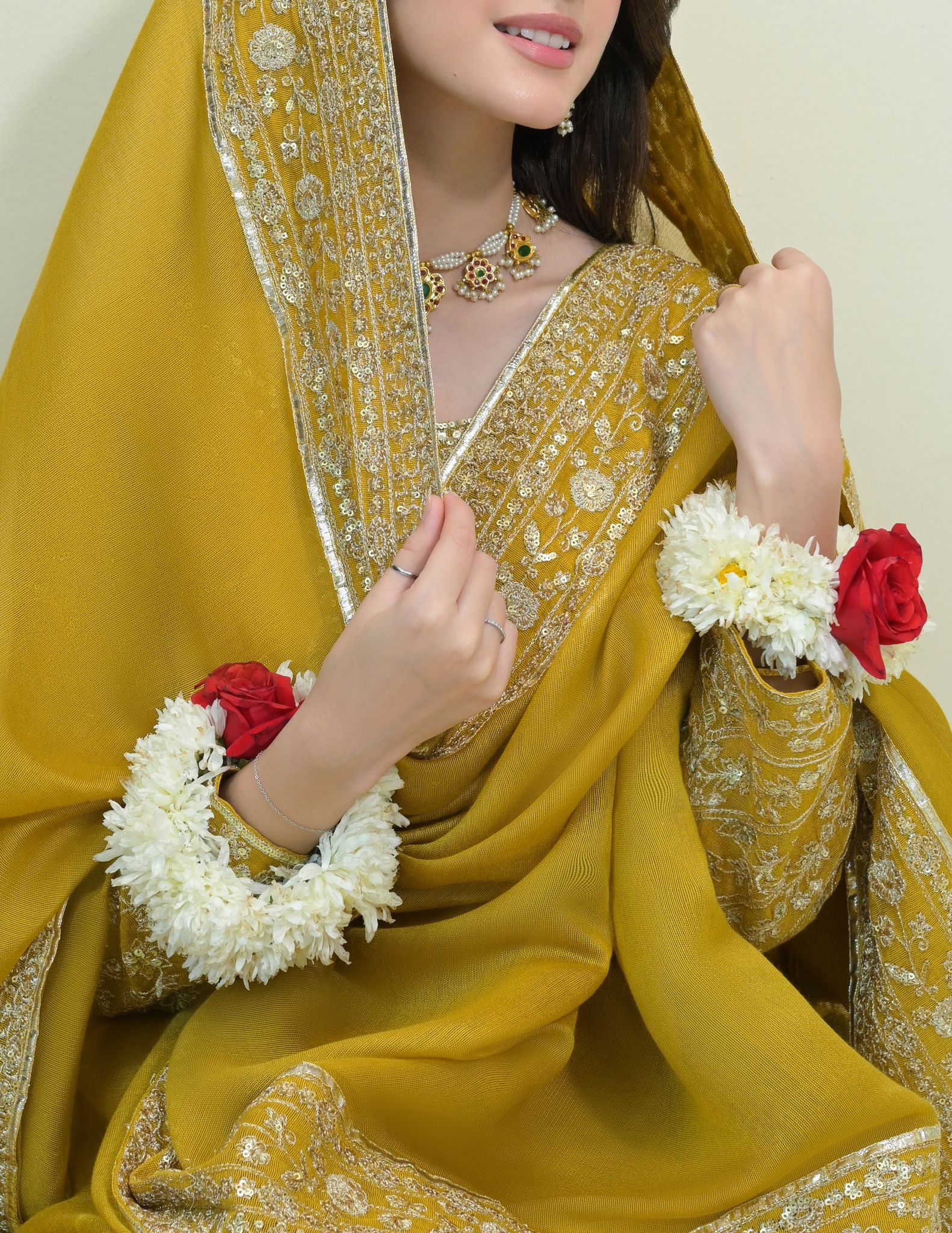 Pakistani Mustard Zari Sequin Cotton Net Pishwas (3-Piece) - Image 4