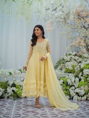 Pastel Yellow Embroidered Organza Kalidaar Pishwas (3-Piece) - Image 1