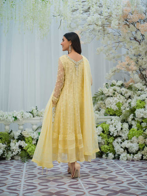Pastel Yellow Embroidered Organza Kalidaar Pishwas (3-Piece) - Image 5