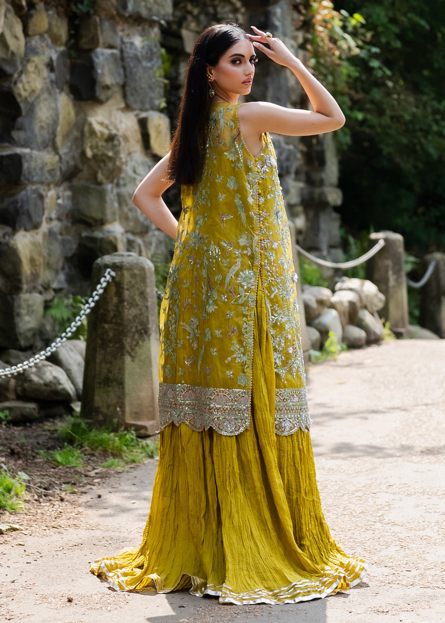 Lime Yellow Adda Work Organza Pishwas (3-Piece) - Image 2