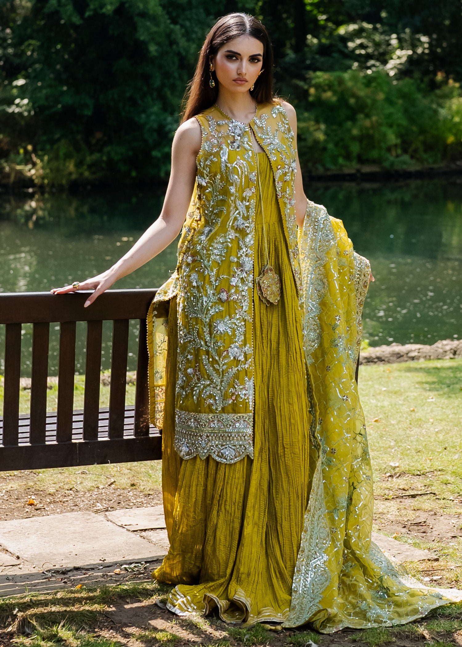 Lime Yellow Adda Work Organza Pishwas (3-Piece) - Image 3