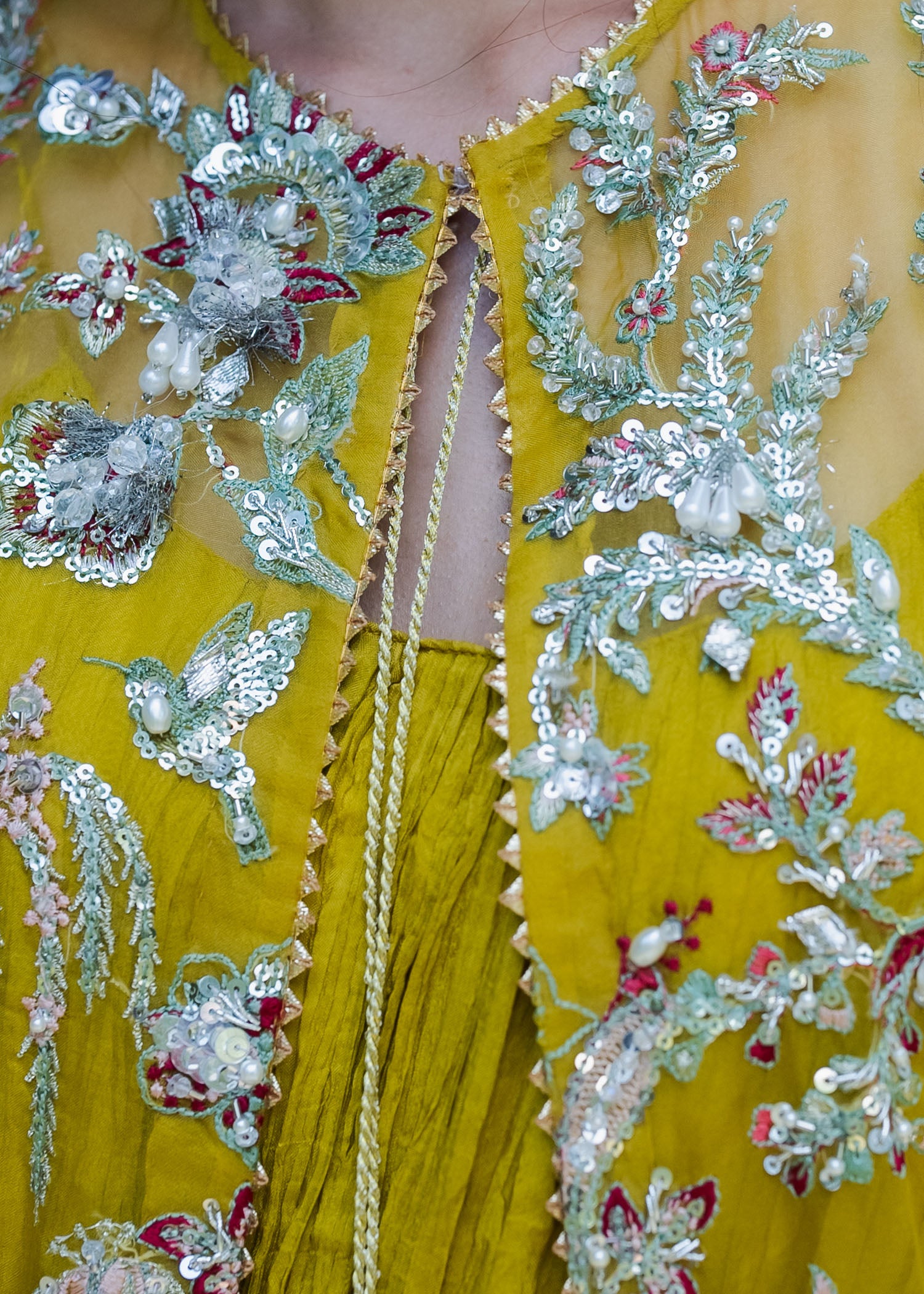 Lime Yellow Adda Work Organza Pishwas (3-Piece) - Image 4