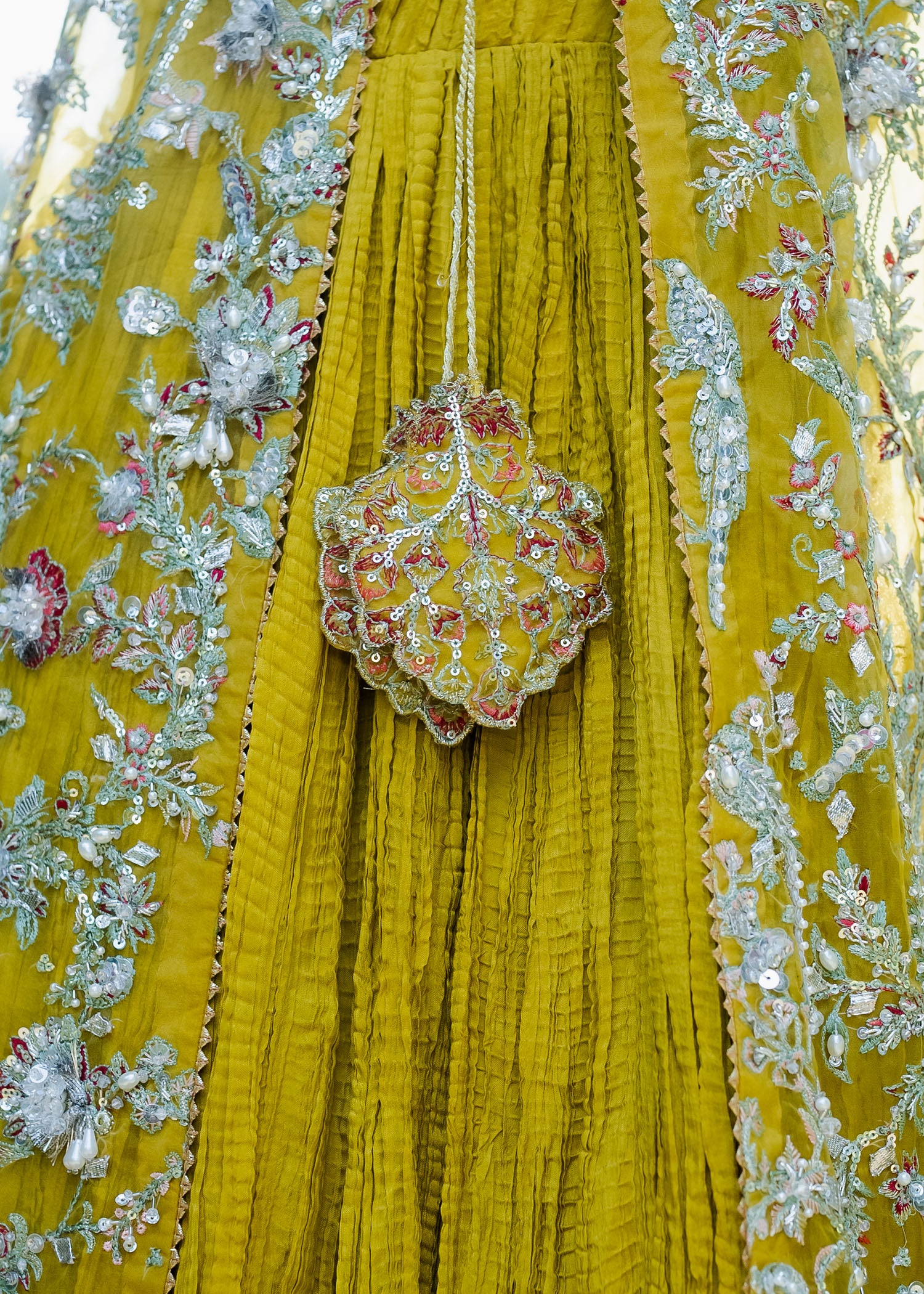 Lime Yellow Adda Work Organza Pishwas (3-Piece) - Image 5