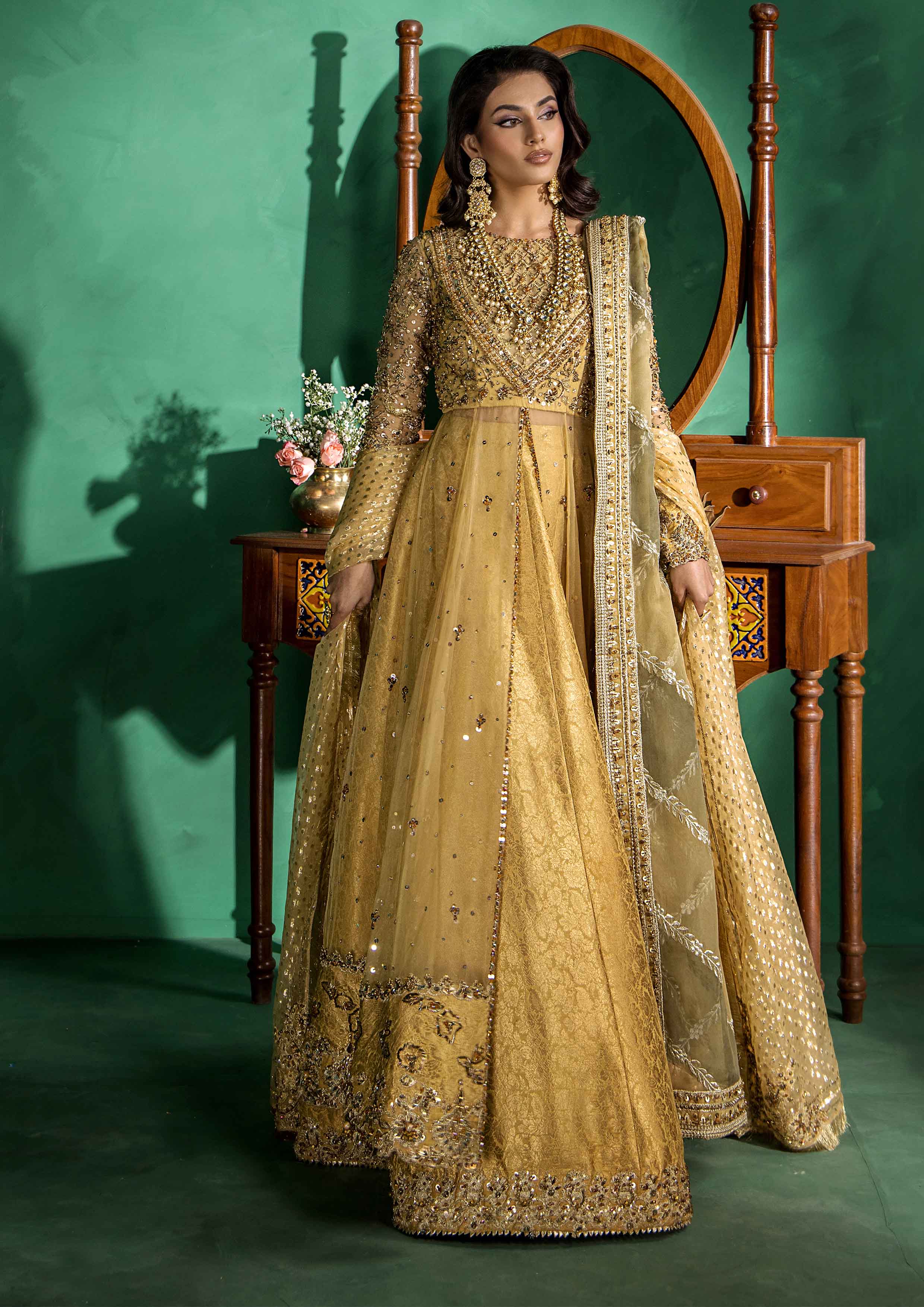 Lemon Yellow Embellished Organza Pishwas Dress (3-Piece) - Image 1