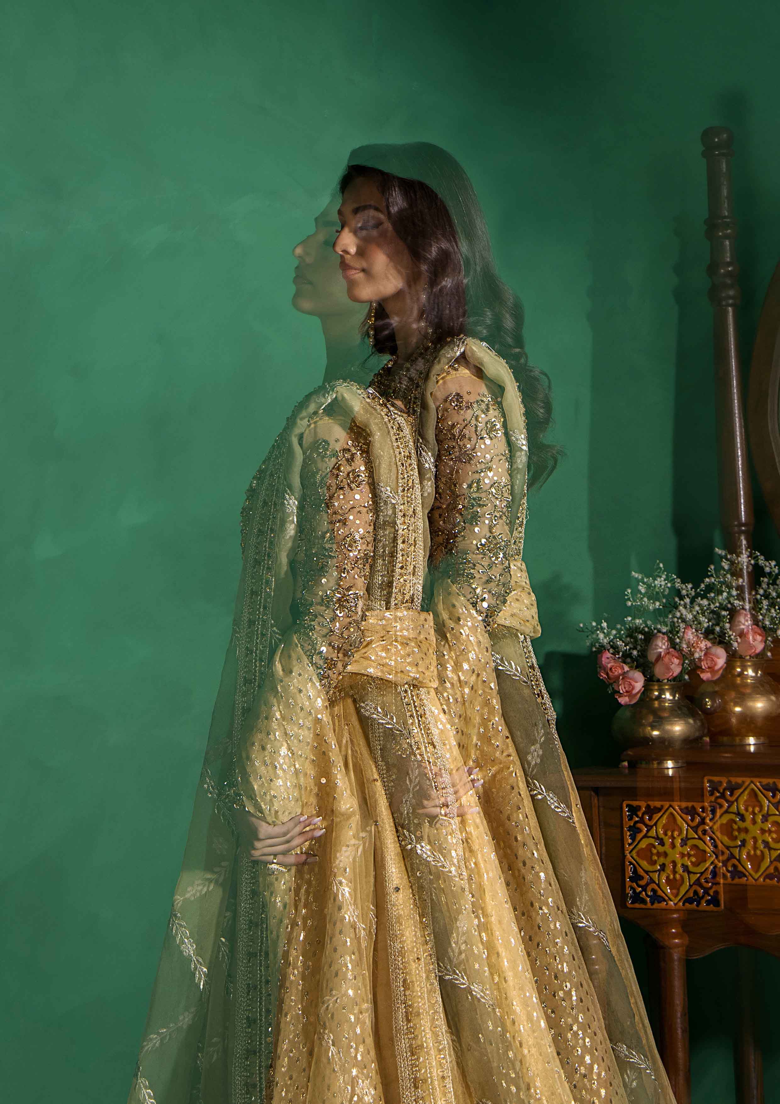 Lemon Yellow Embellished Organza Pishwas Dress (3-Piece) - Image 6