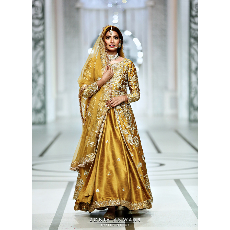 Pakistani Mustard Gota Dabka Raw Silk Pishwas (3-Piece) - Image 1