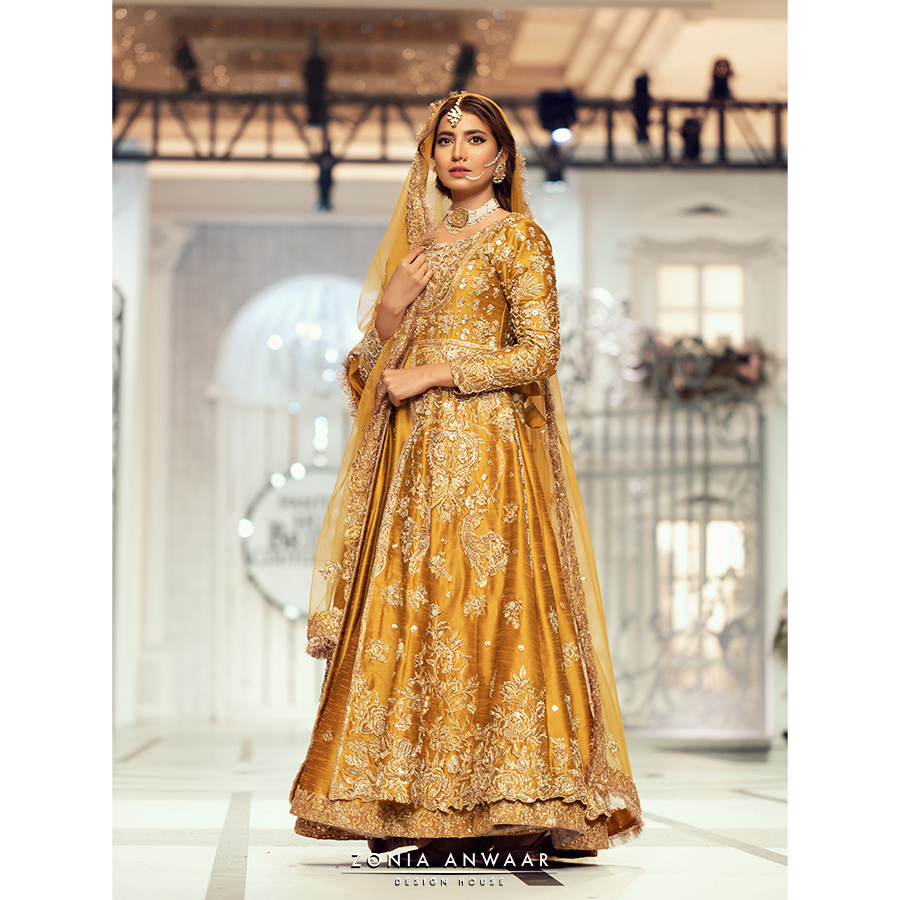 Pakistani Mustard Gota Dabka Raw Silk Pishwas (3-Piece) - Image 2