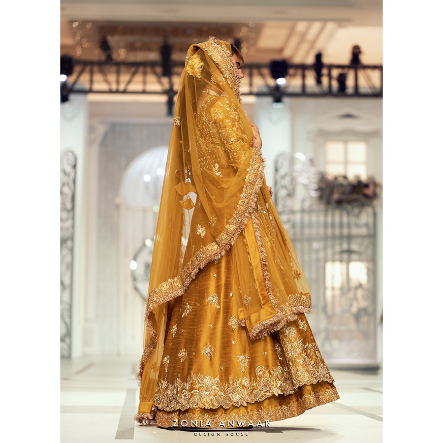 Pakistani Mustard Gota Dabka Raw Silk Pishwas (3-Piece) - Image 3