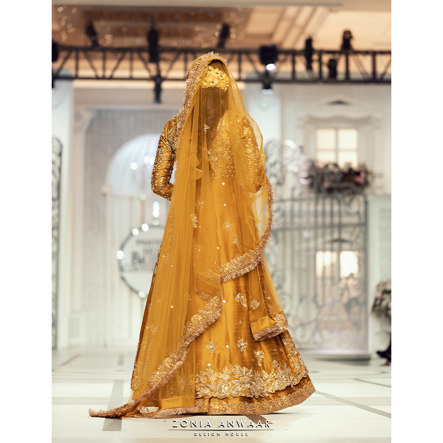 Pakistani Mustard Gota Dabka Raw Silk Pishwas (3-Piece) - Image 4