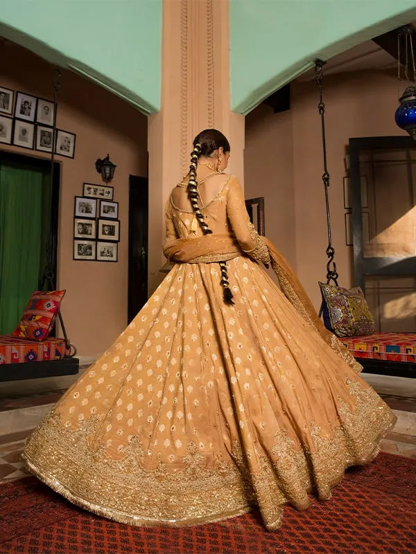 Mustard Hand Embroidered Raw Silk Pishwas (2-Piece) - Image 4