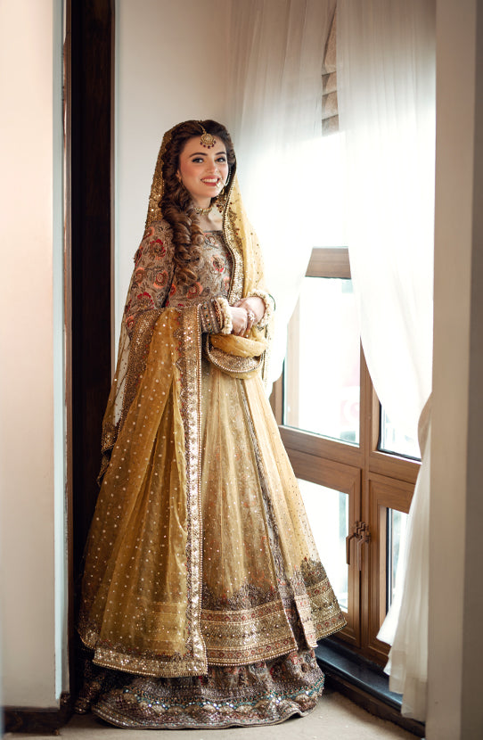 Pakistani Yellow & Beige Embroidered Net Silk Pishwas (3-Piece) - Image 1