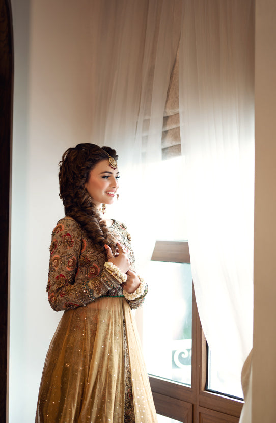 Pakistani Yellow & Beige Embroidered Net Silk Pishwas (3-Piece) - Image 3