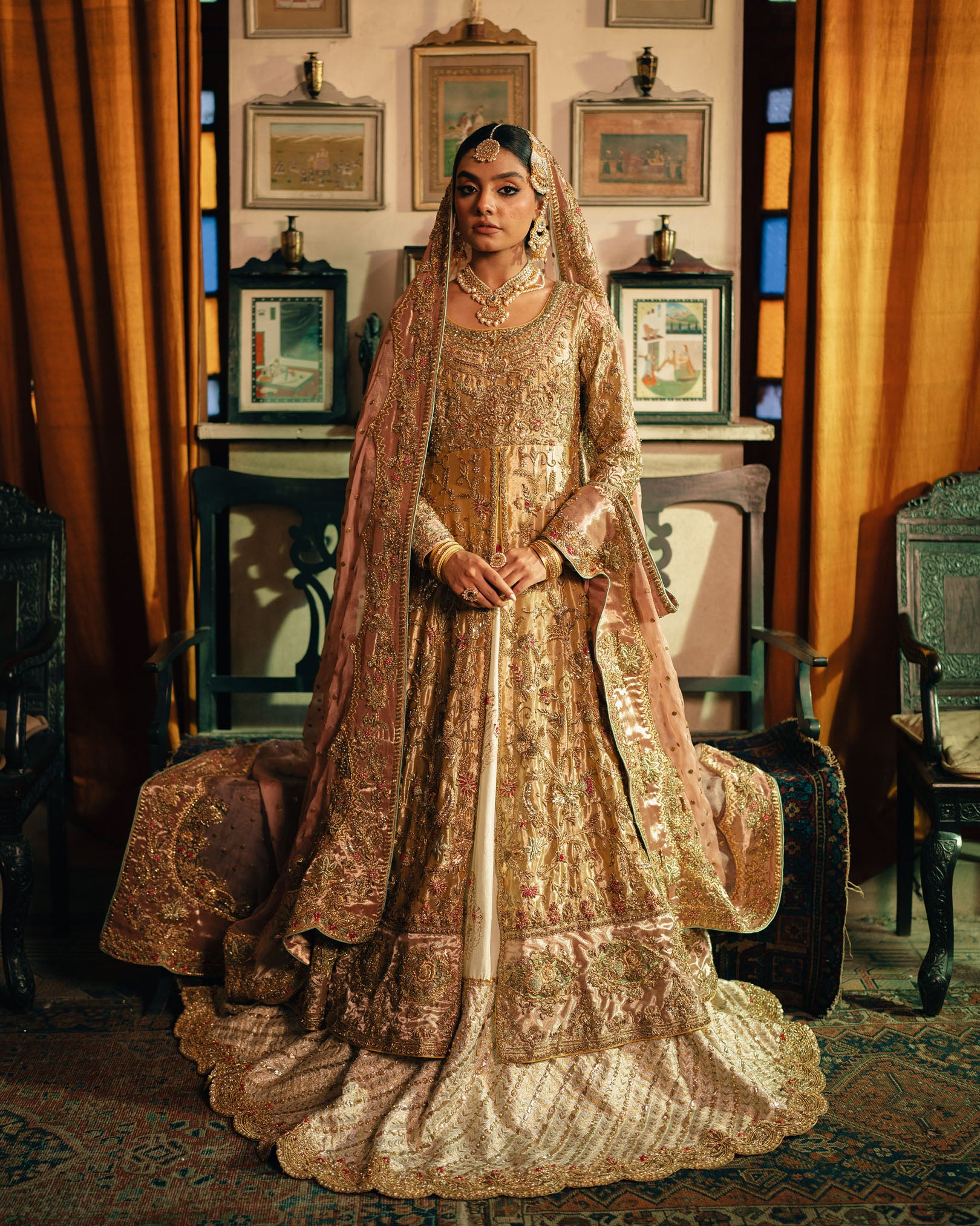 Mustard Gold Hand-Embellished Silk Pishwas (2-Piece) - Image 1