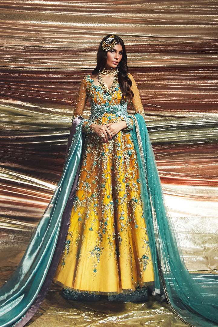 Sunrise Yellow Embroidered Tulle Pishwas (2-Piece) - Image 2