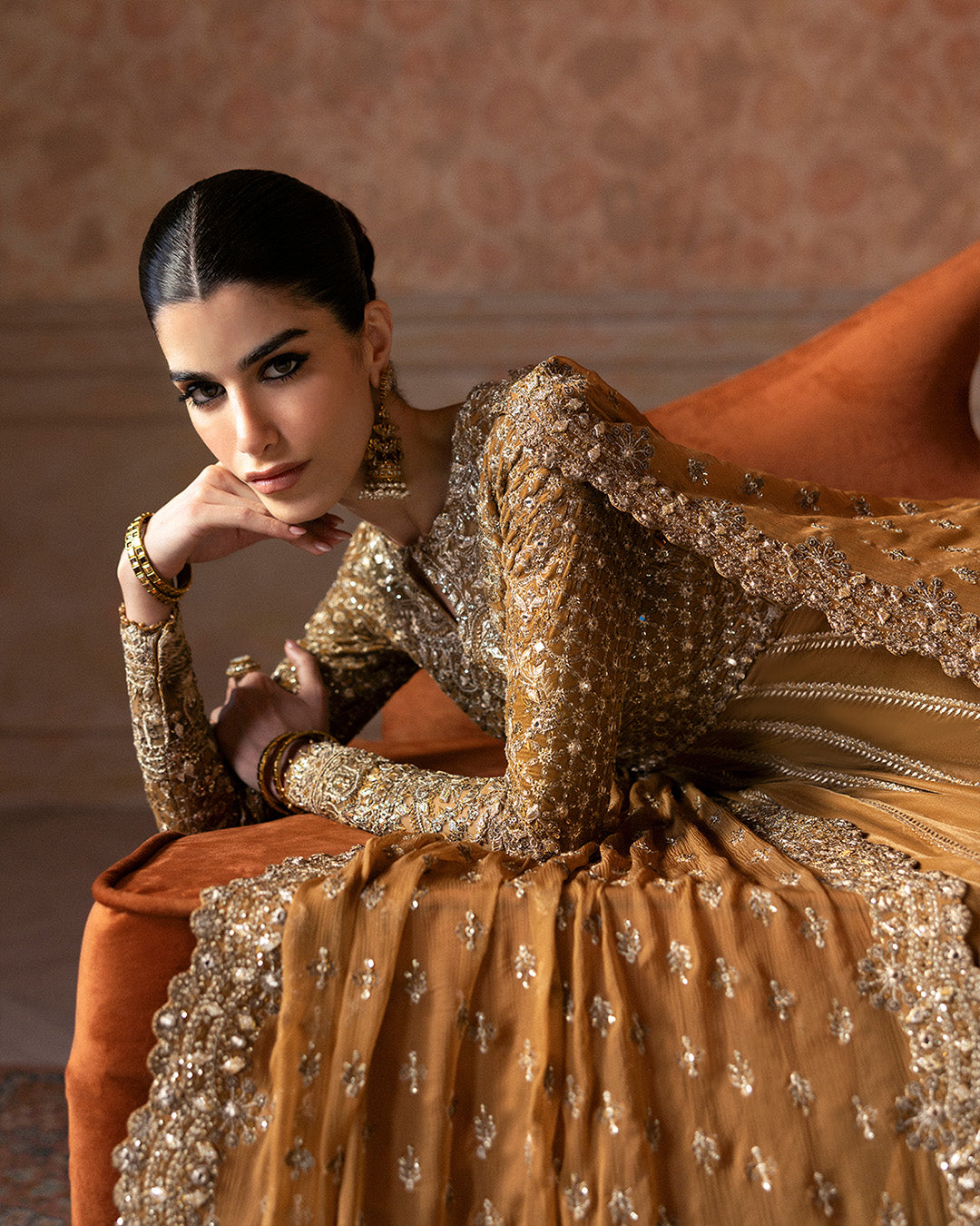 Pakistani Mustard Embroidered Velvet Pishwas Dress (3-Piece) - Image 4