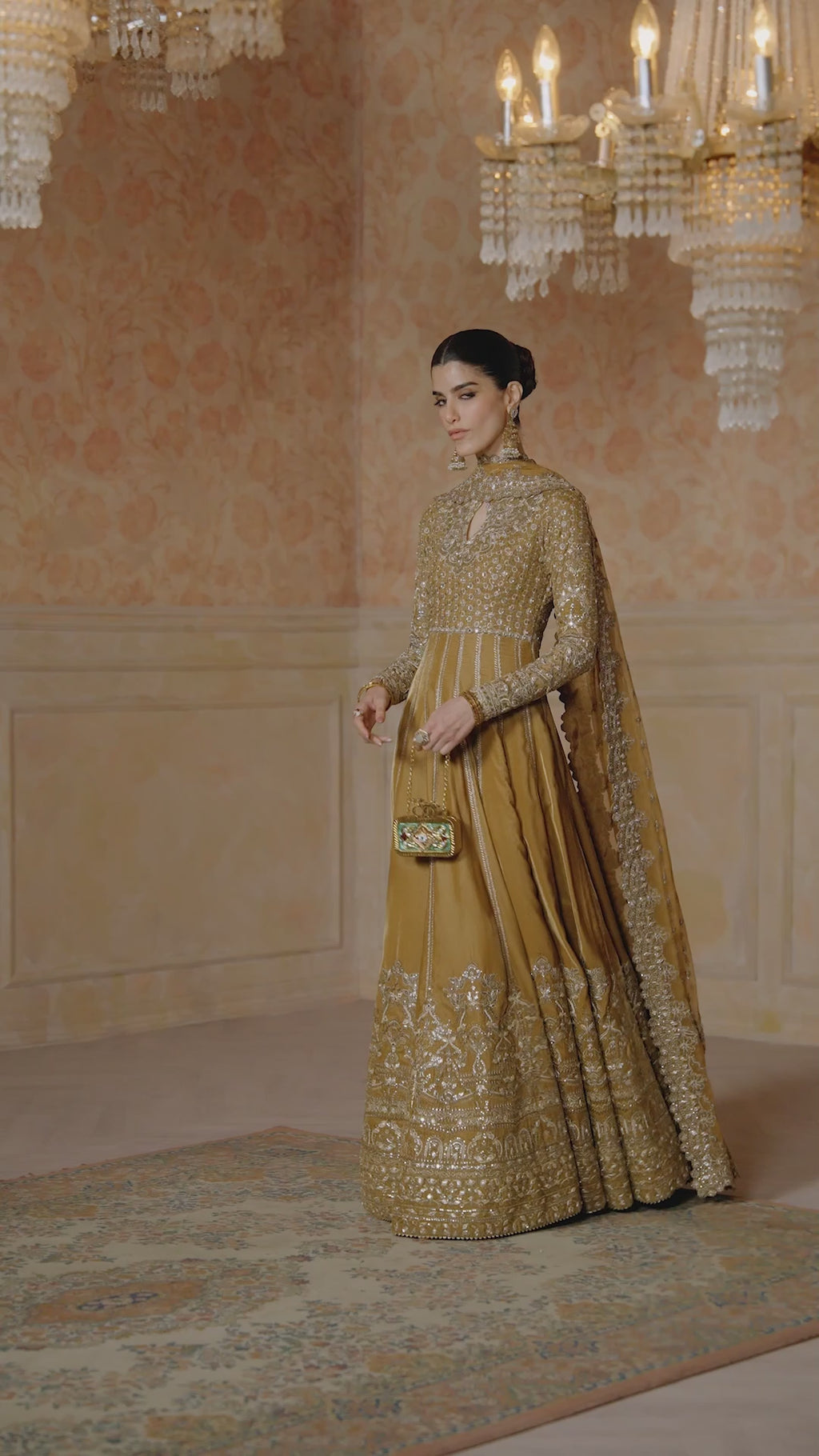 Pakistani Mustard Embroidered Velvet Pishwas Dress (3-Piece) - Image 8