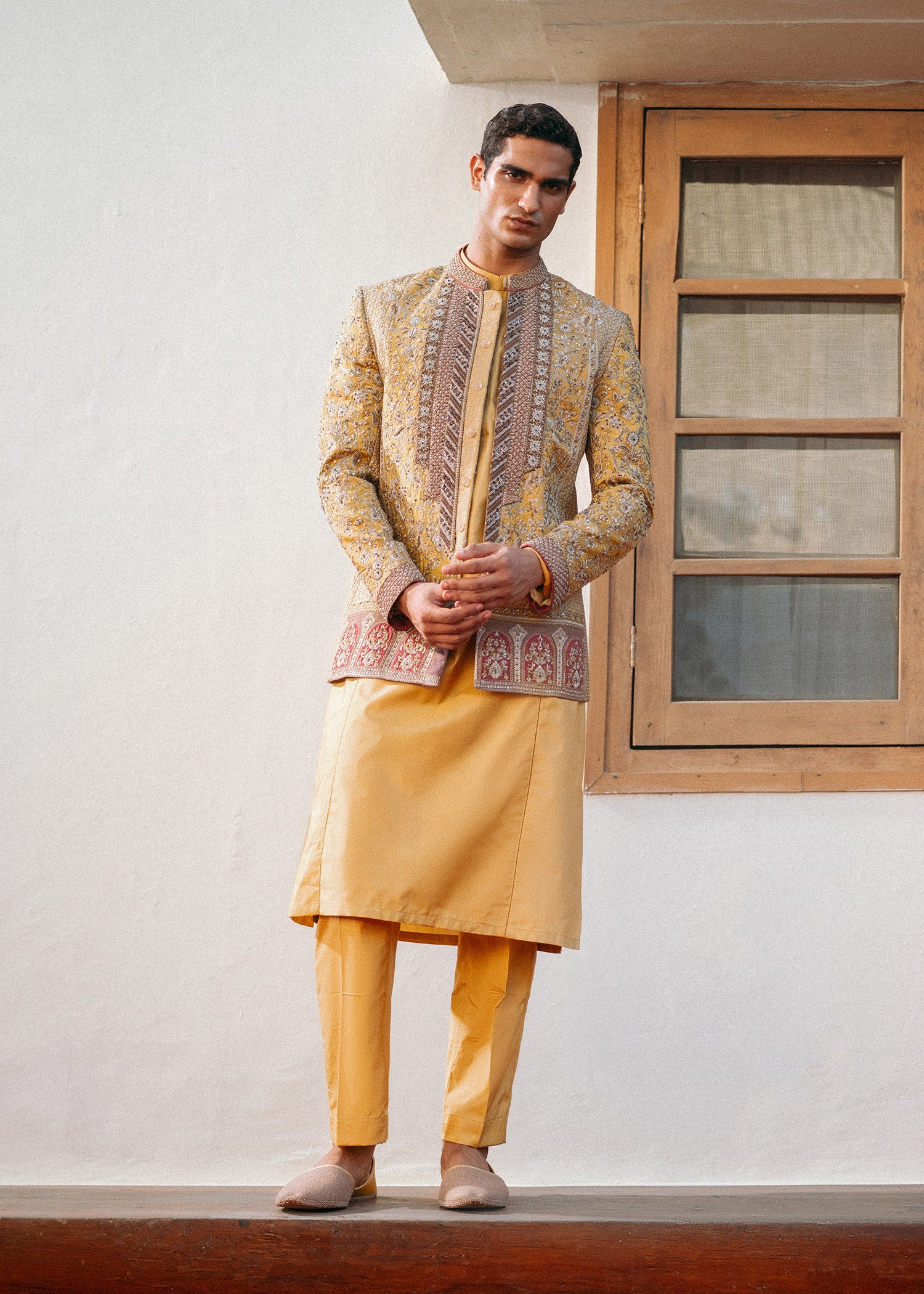 Saffron Yellow Hand-Embellished Prince Coat (3-Piece) - Image 1