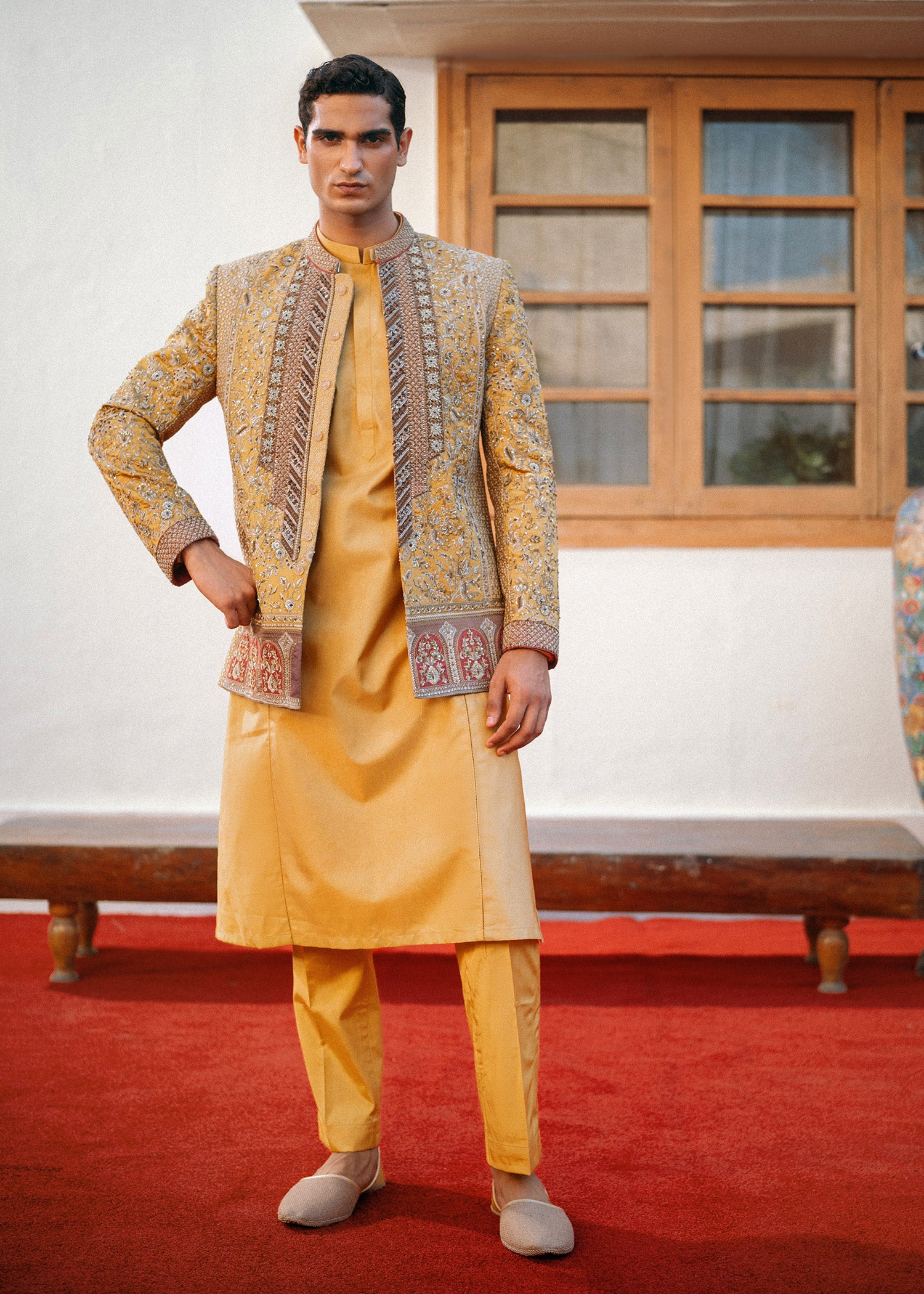 Saffron Yellow Hand-Embellished Prince Coat (3-Piece) - Image 5