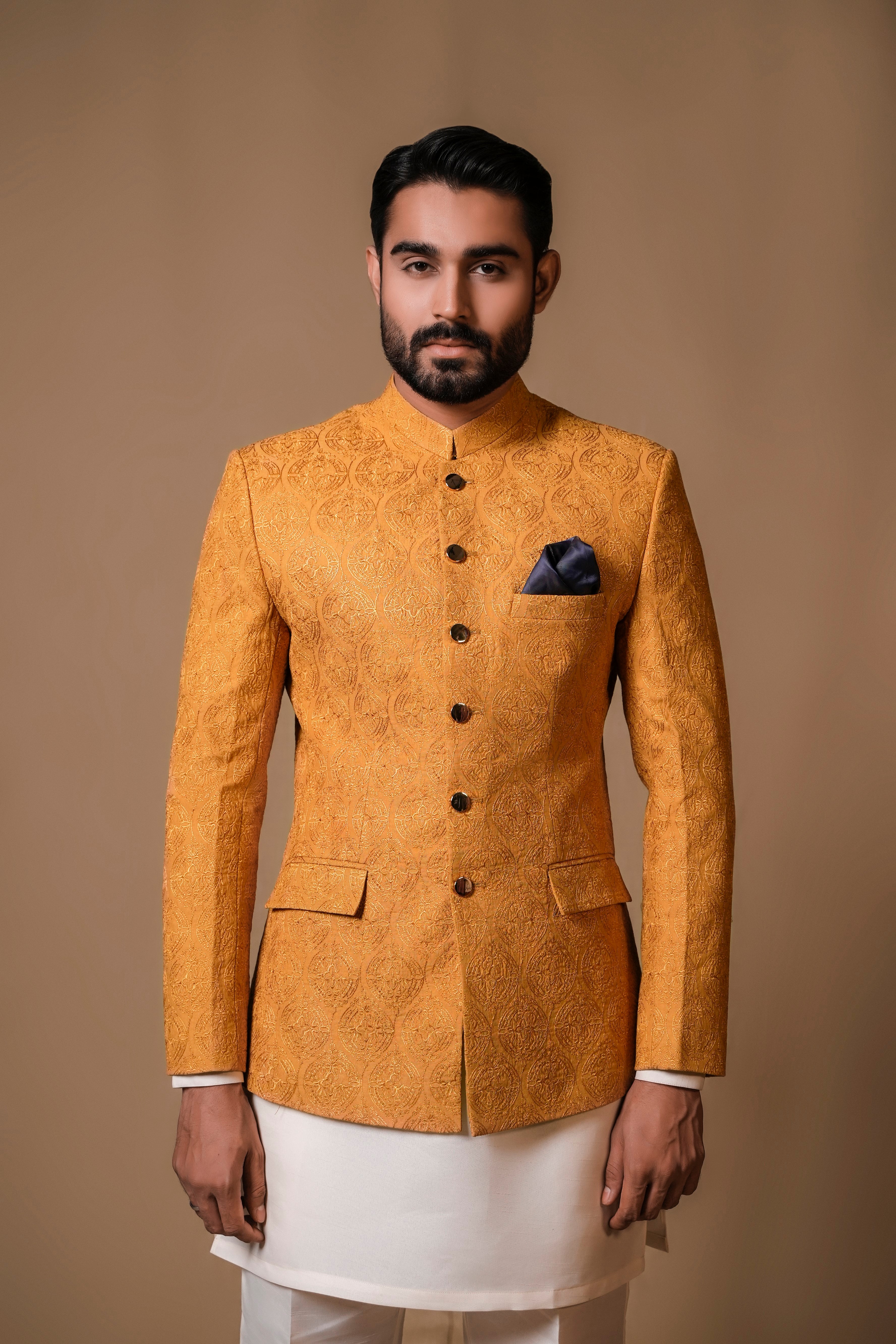 Mustard Yellow Embroidered Jacquard Prince Coat (3-Piece) - Image 1