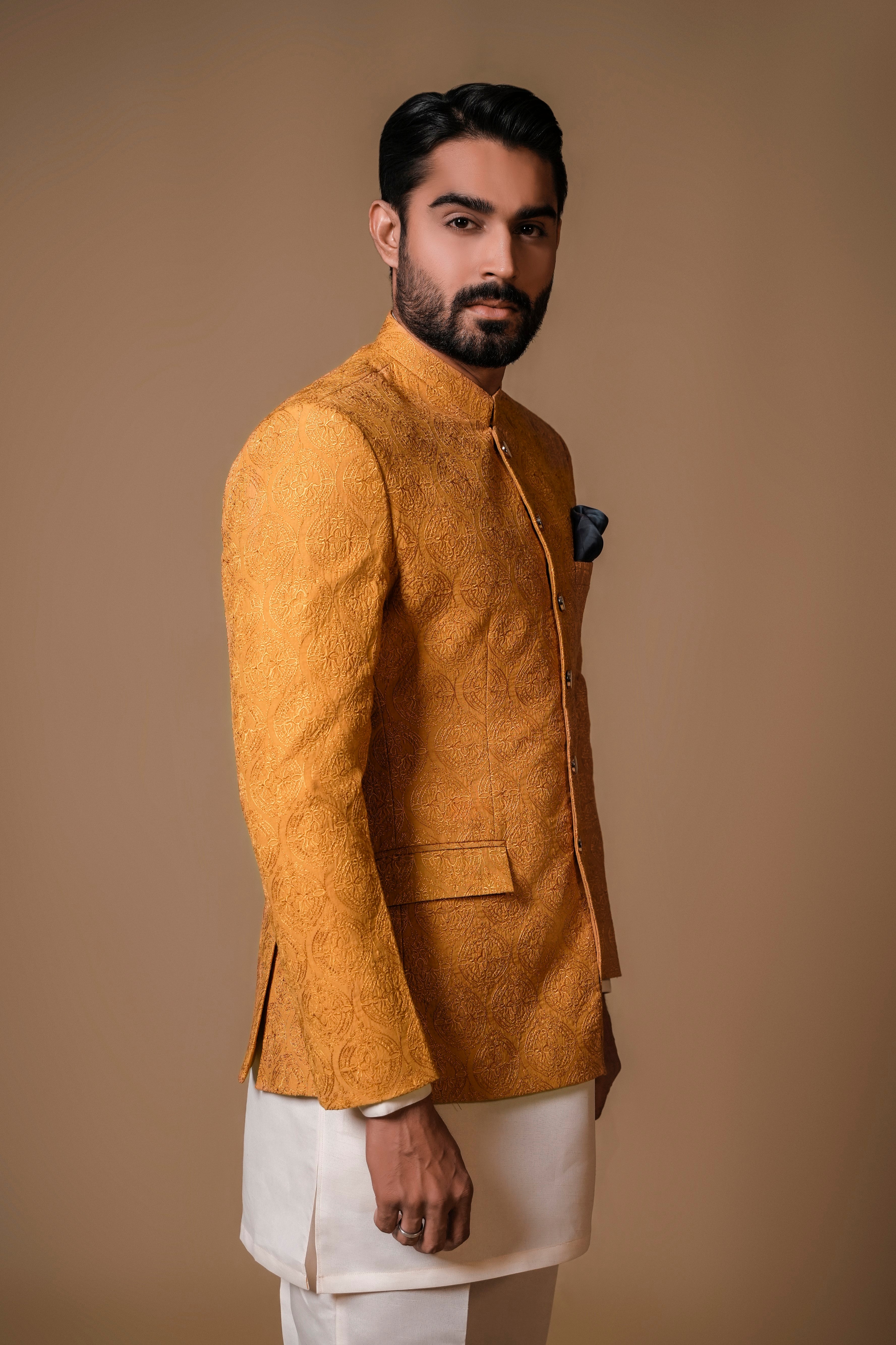 Mustard Yellow Embroidered Jacquard Prince Coat (3-Piece) - Image 2