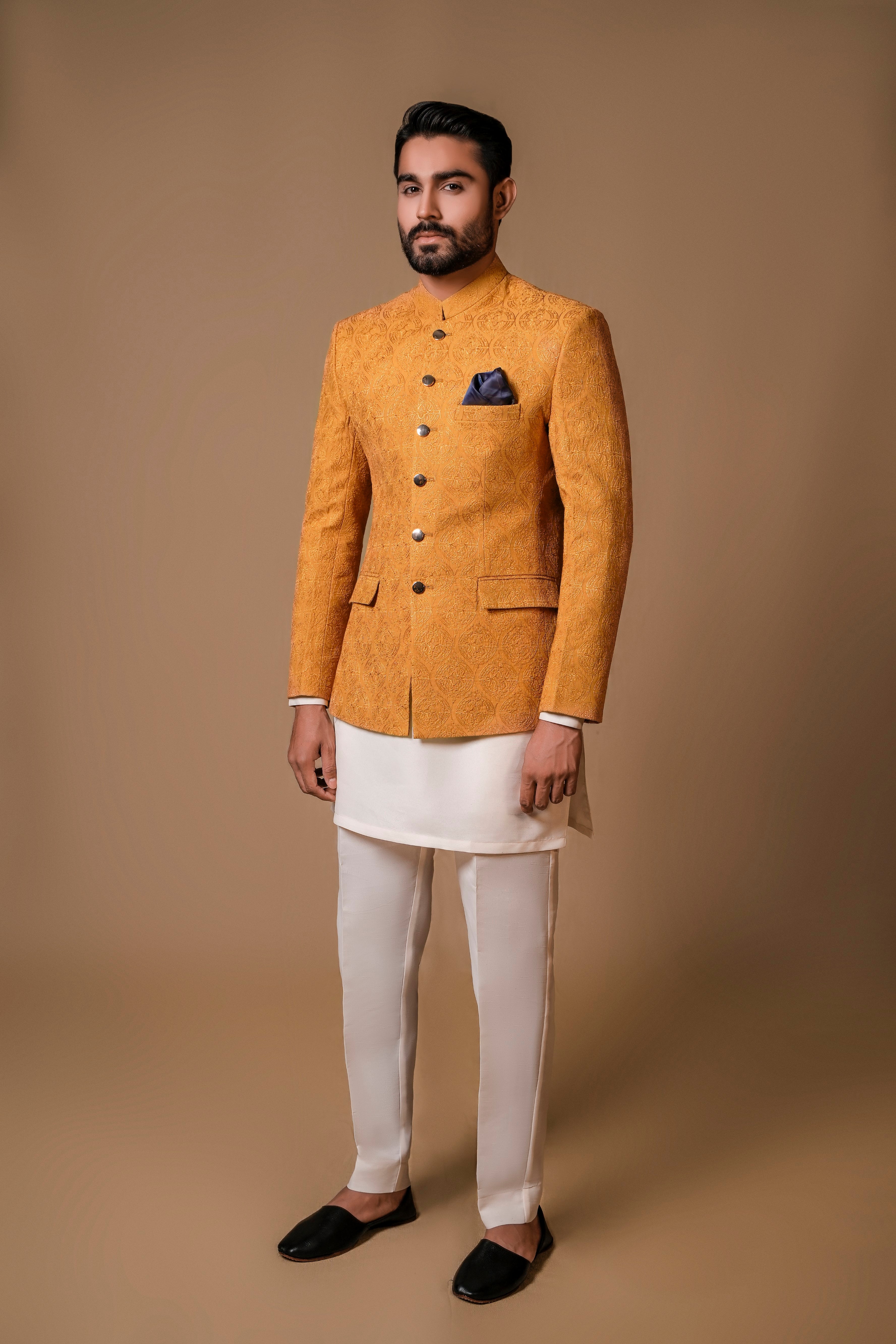 Mustard Yellow Embroidered Jacquard Prince Coat (3-Piece) - Image 3