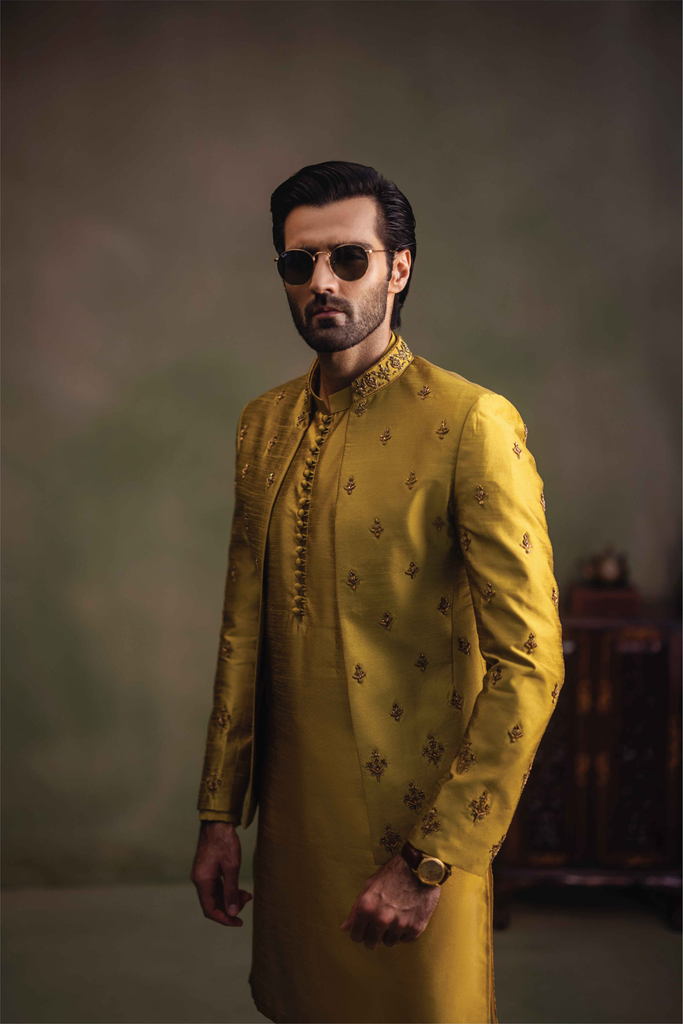 Mustard Handworked Raw Silk Prince Coat (3-Piece) - Image 1