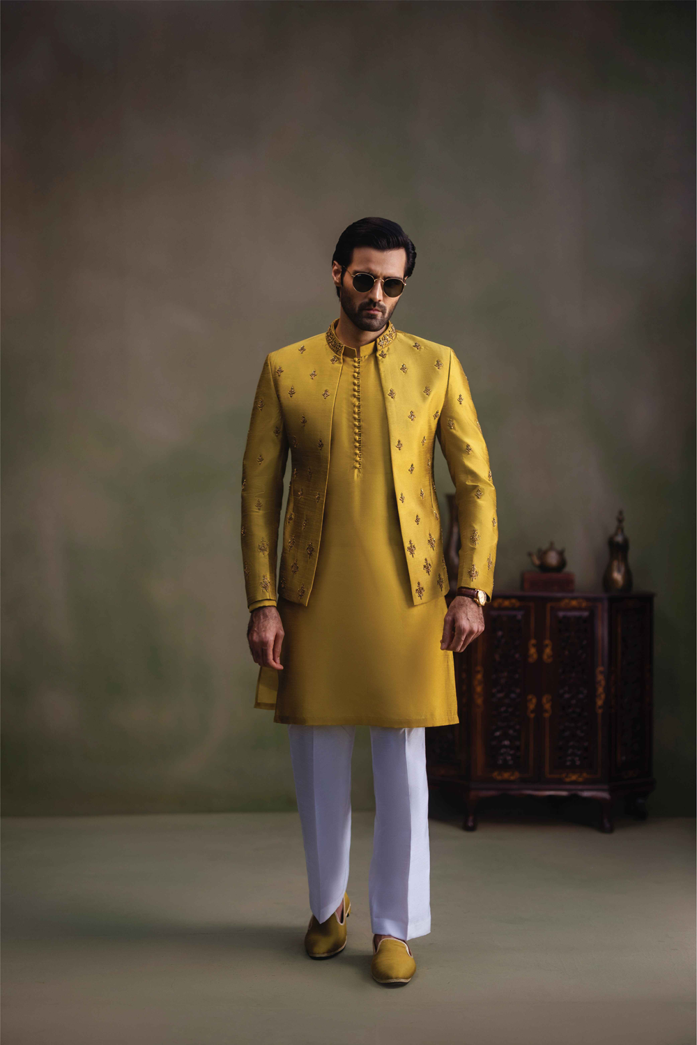 Mustard Handworked Raw Silk Prince Coat (3-Piece) - Image 3