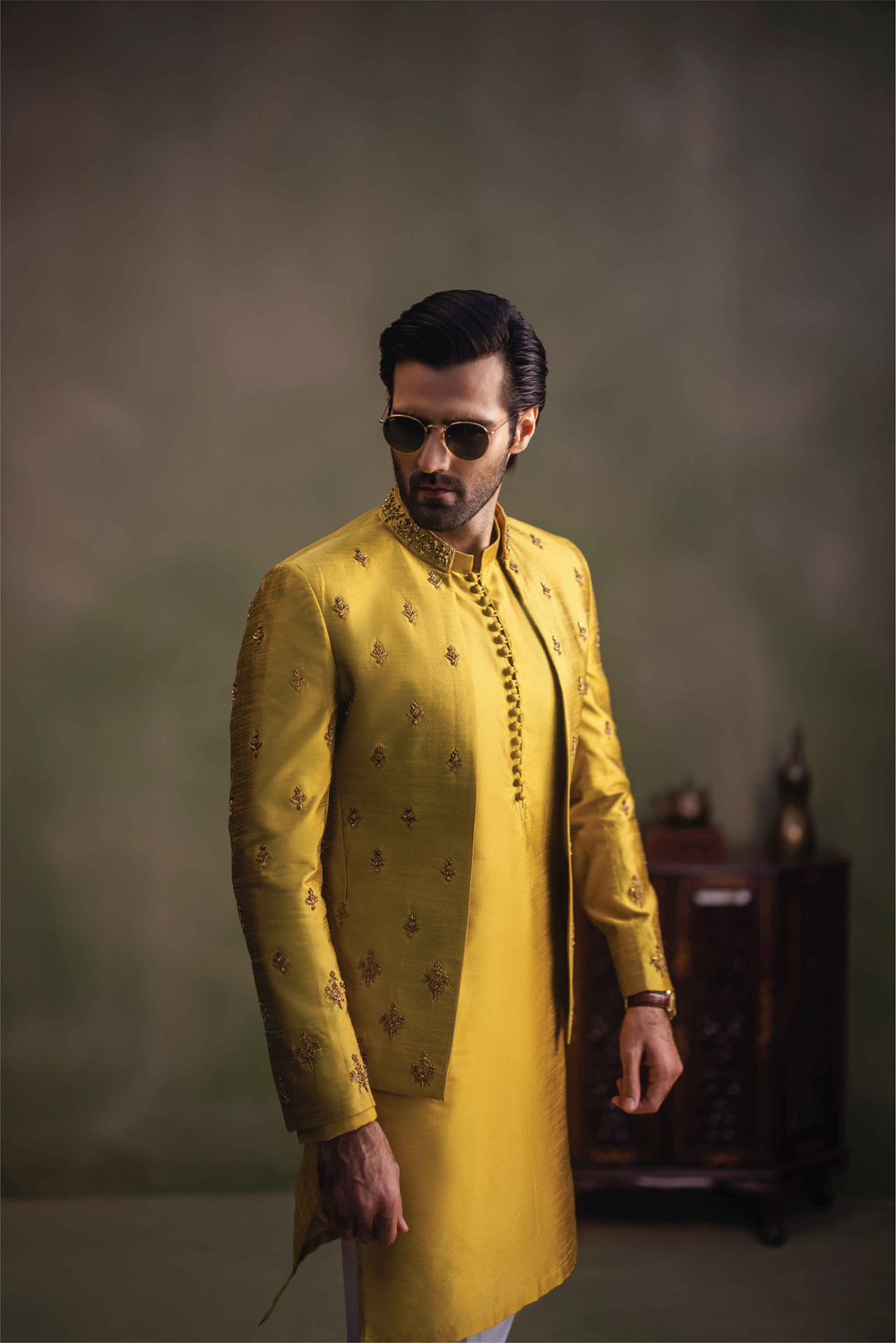 Mustard Handworked Raw Silk Prince Coat (3-Piece) - Image 4