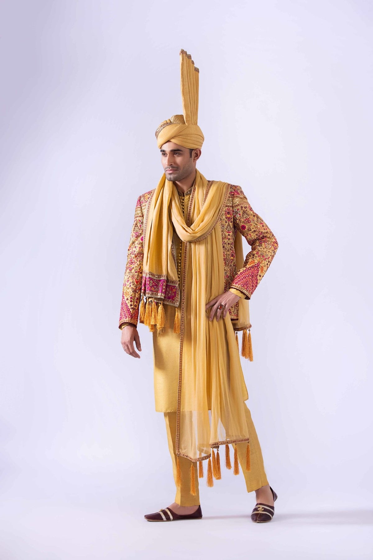 Mustard Embroidered Raw Silk Prince Coat (4-Piece) - Image 1