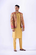 Mustard Embroidered Raw Silk Prince Coat (4-Piece) - Image 5