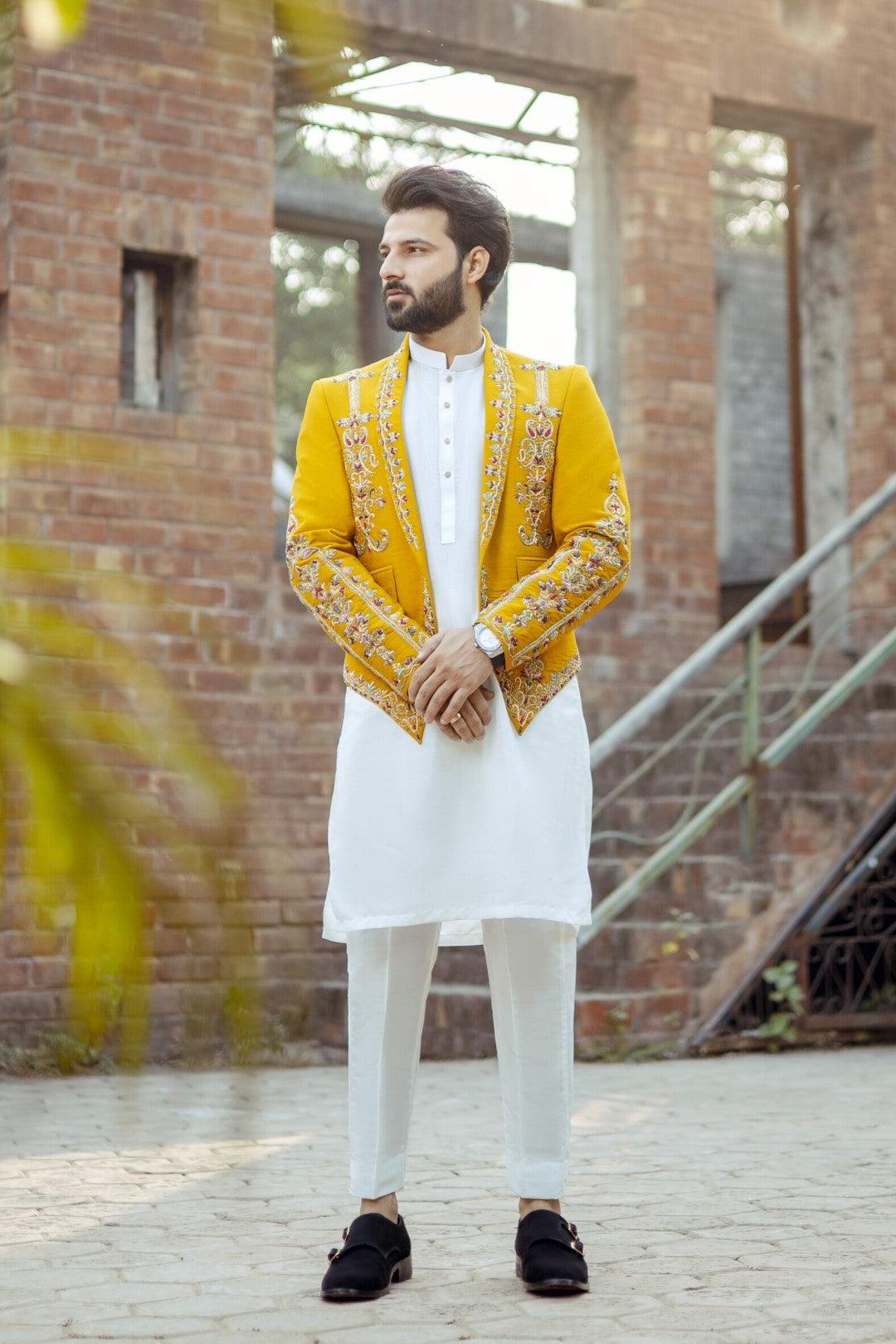 Mustard Adda Work Silk Prince Coat (1-Pc) - Image 1