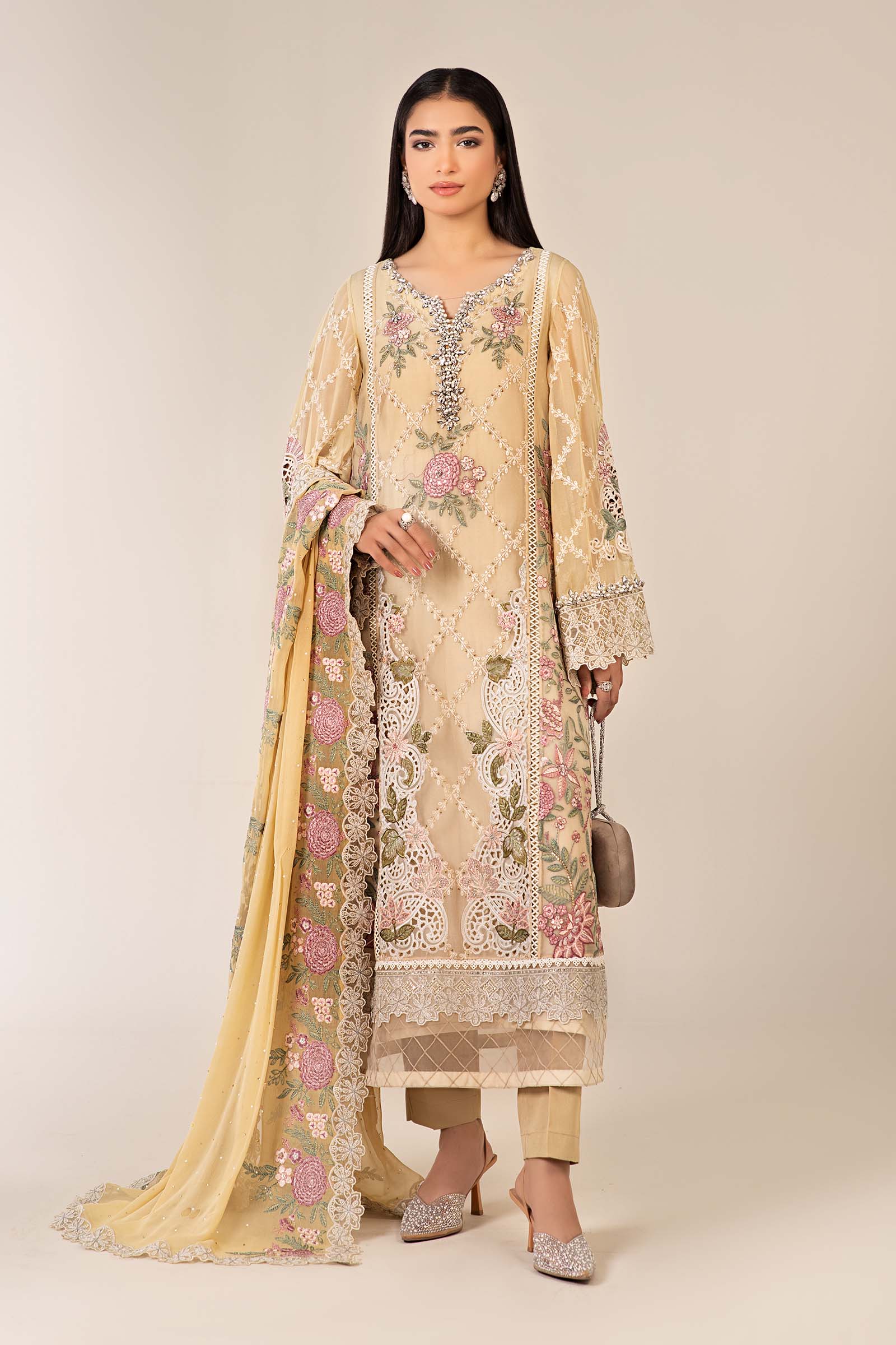 Yellow Embroidered Chiffon 3-Piece Suit - Image 1
