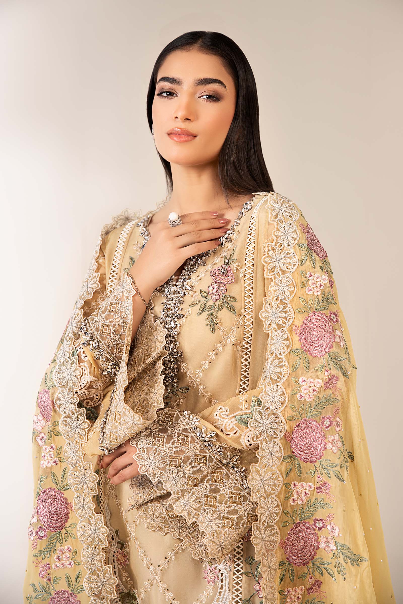 Yellow Embroidered Chiffon 3-Piece Suit - Image 2