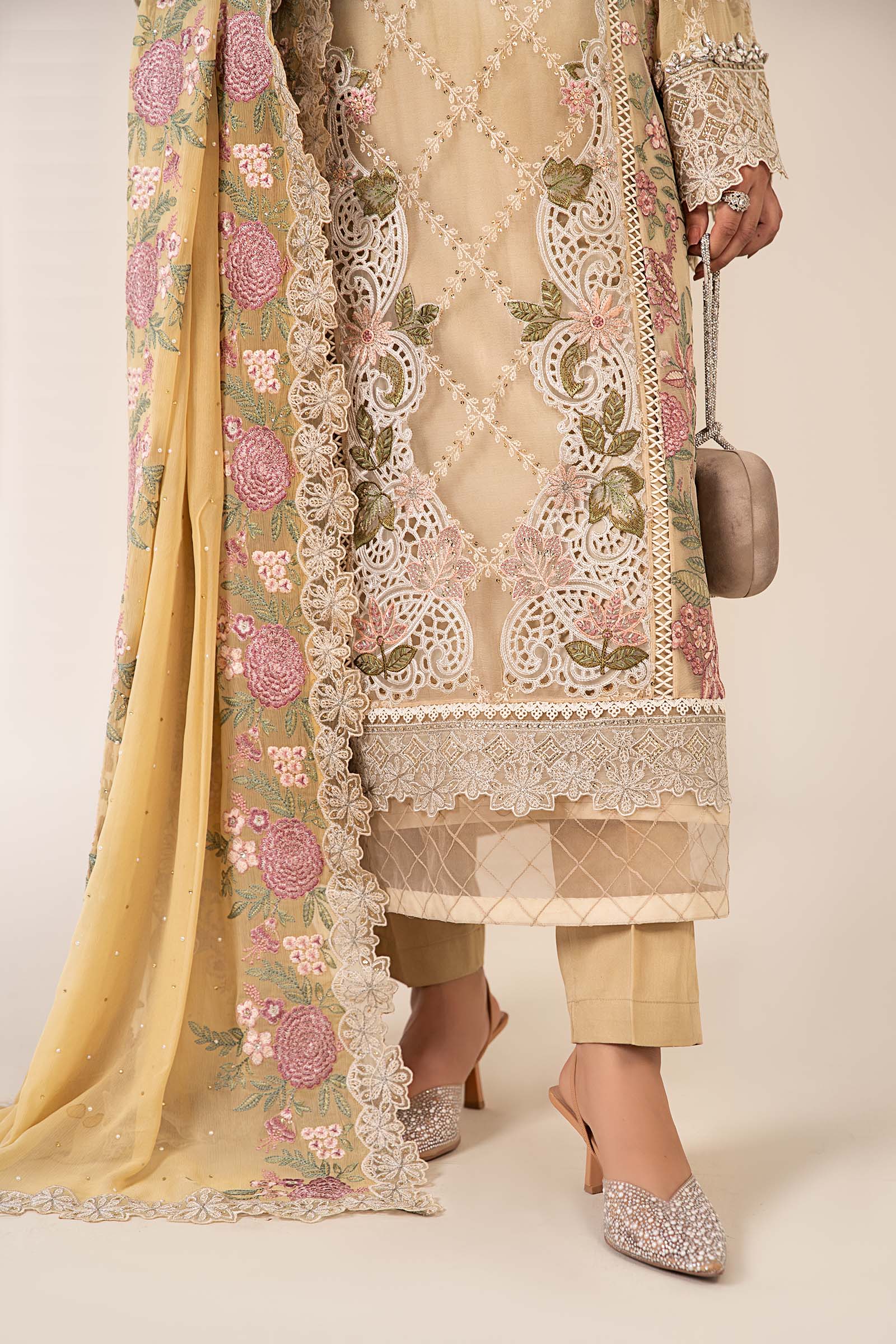 Yellow Embroidered Chiffon 3-Piece Suit - Image 3