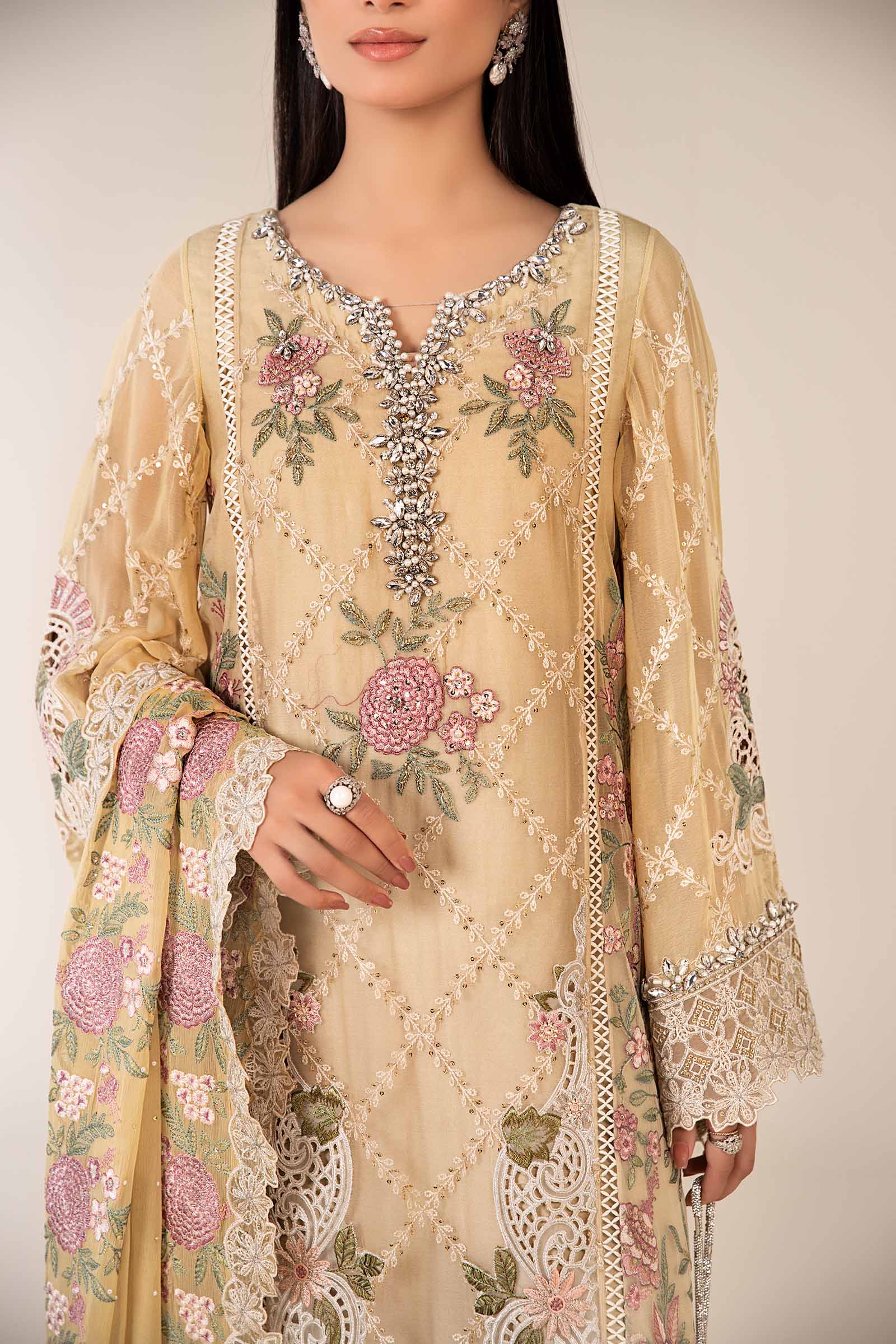 Yellow Embroidered Chiffon 3-Piece Suit - Image 4
