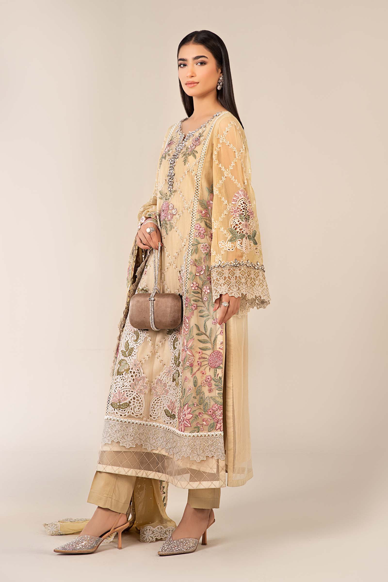Yellow Embroidered Chiffon 3-Piece Suit - Image 7