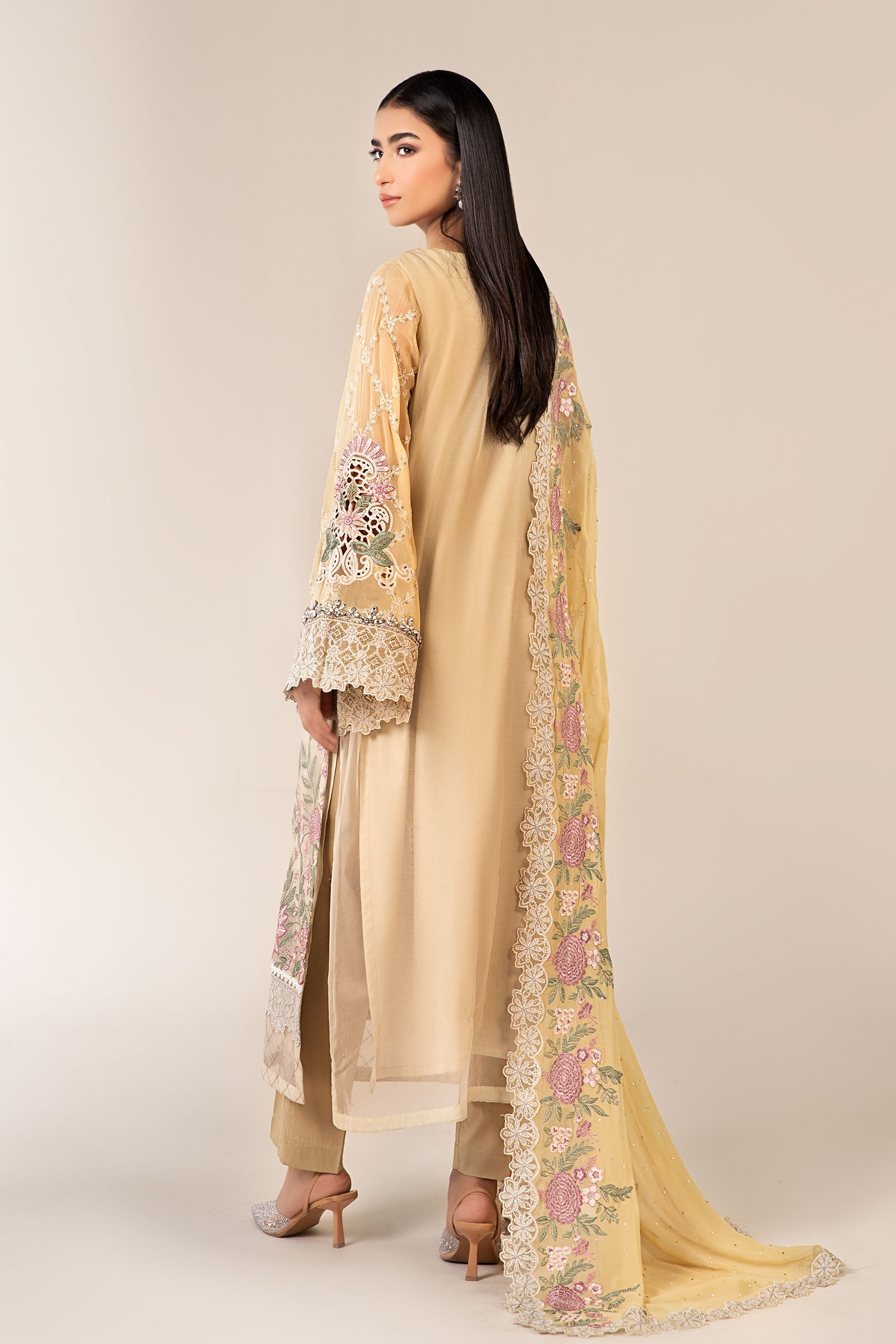Yellow Embroidered Chiffon 3-Piece Suit - Image 8