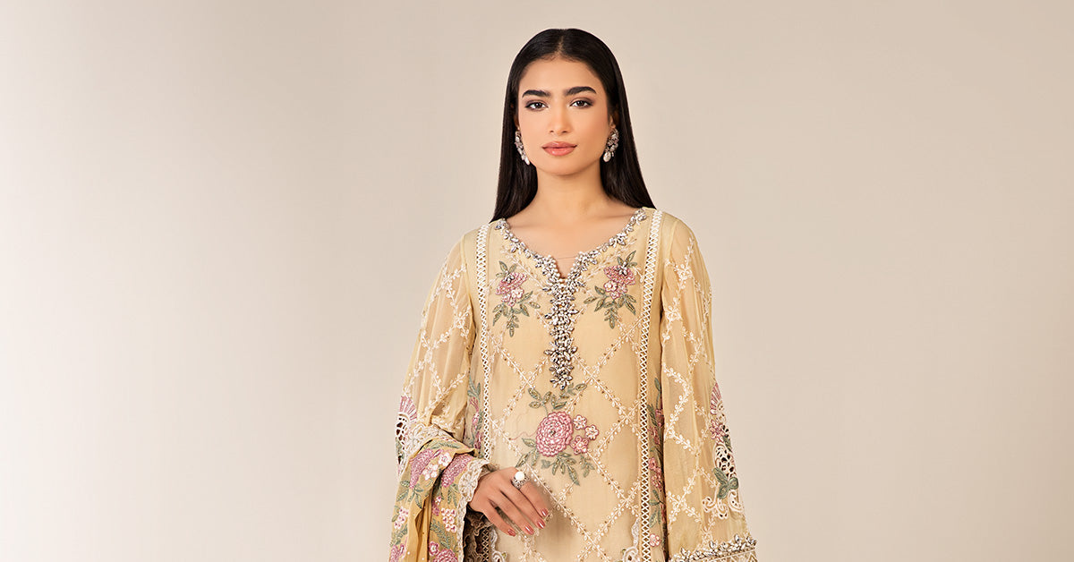Yellow Embroidered Chiffon 3-Piece Suit - Image 9