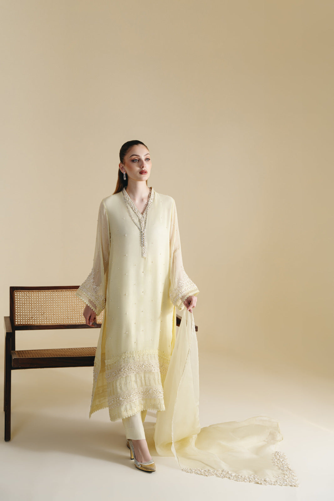 Pakistani Pastel Yellow Embellished Salwar Kameez (3-Piece) - Image 1
